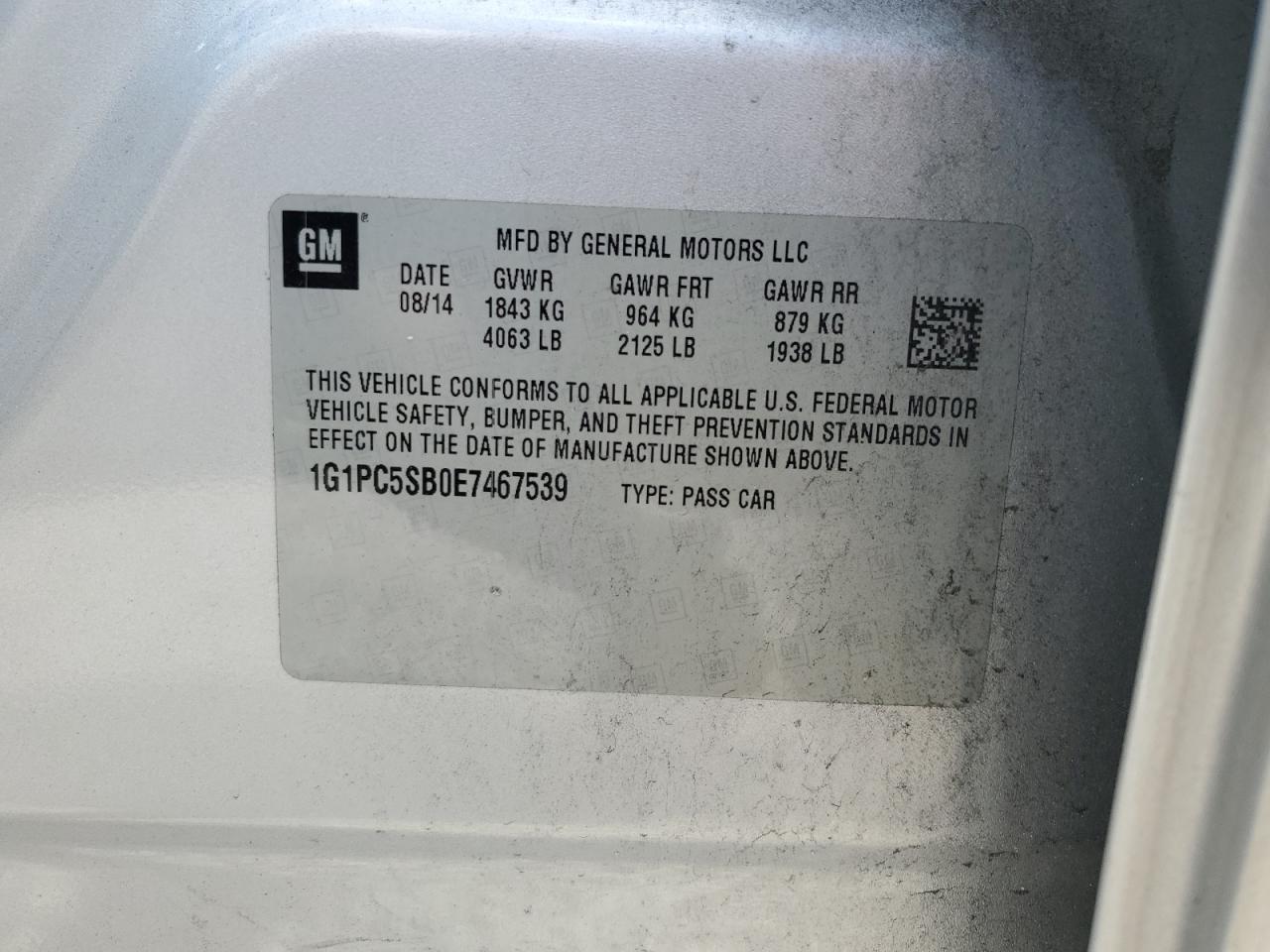 2014 Chevrolet Cruze VIN 1G1PC5SB0E7467539 Copart auction photo, rear end damage thumbnail 12