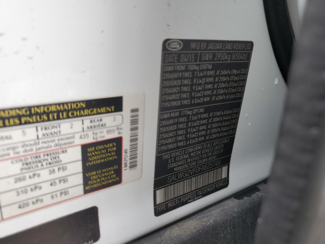 2015 Land Rover Range Rover VIN SALWG2VF0FA625749 Copart auction photo, front end damage thumbnail 14