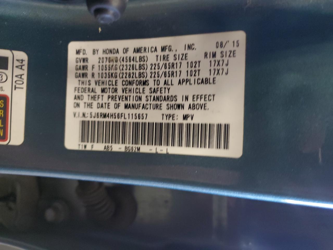 2015 Honda CR-V VIN 5J6RM4H56FL115657 Copart auction photo, front end / minor dent/scratches damage thumbnail 13
