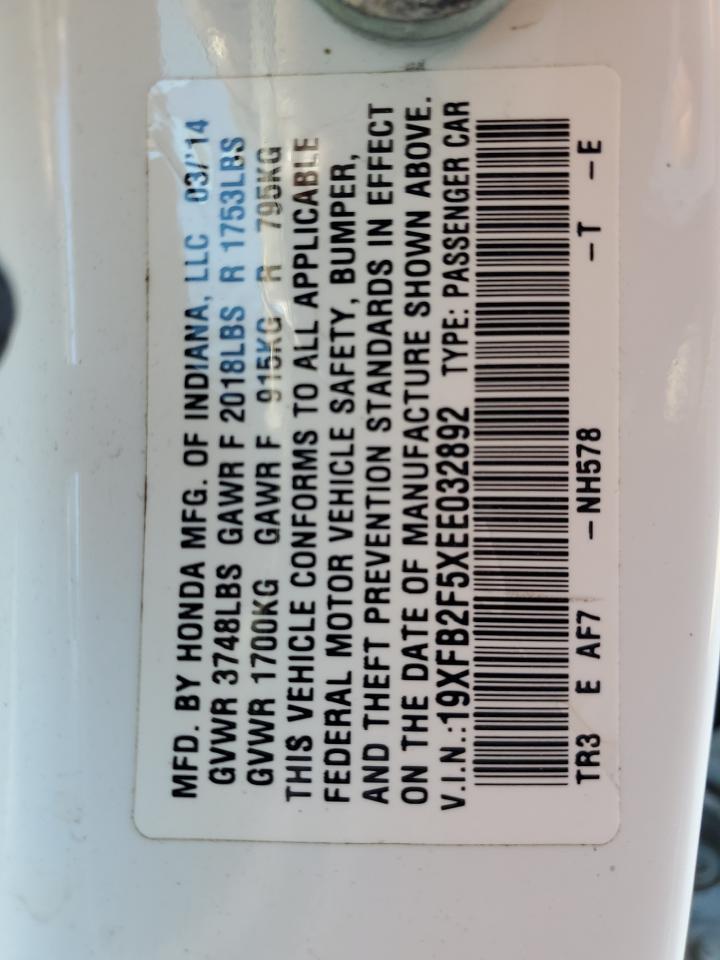 2014 Honda Civic VIN 19XFB2F5XEE032892 Copart auction photo, rear end / minor dent/scratches damage thumbnail 12
