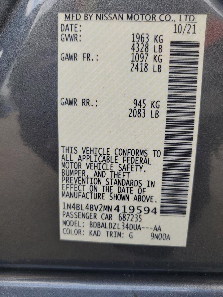 2021 Nissan Altima VIN 1N4BL4BV2MN419594 Copart auction photo, rear end damage thumbnail 15