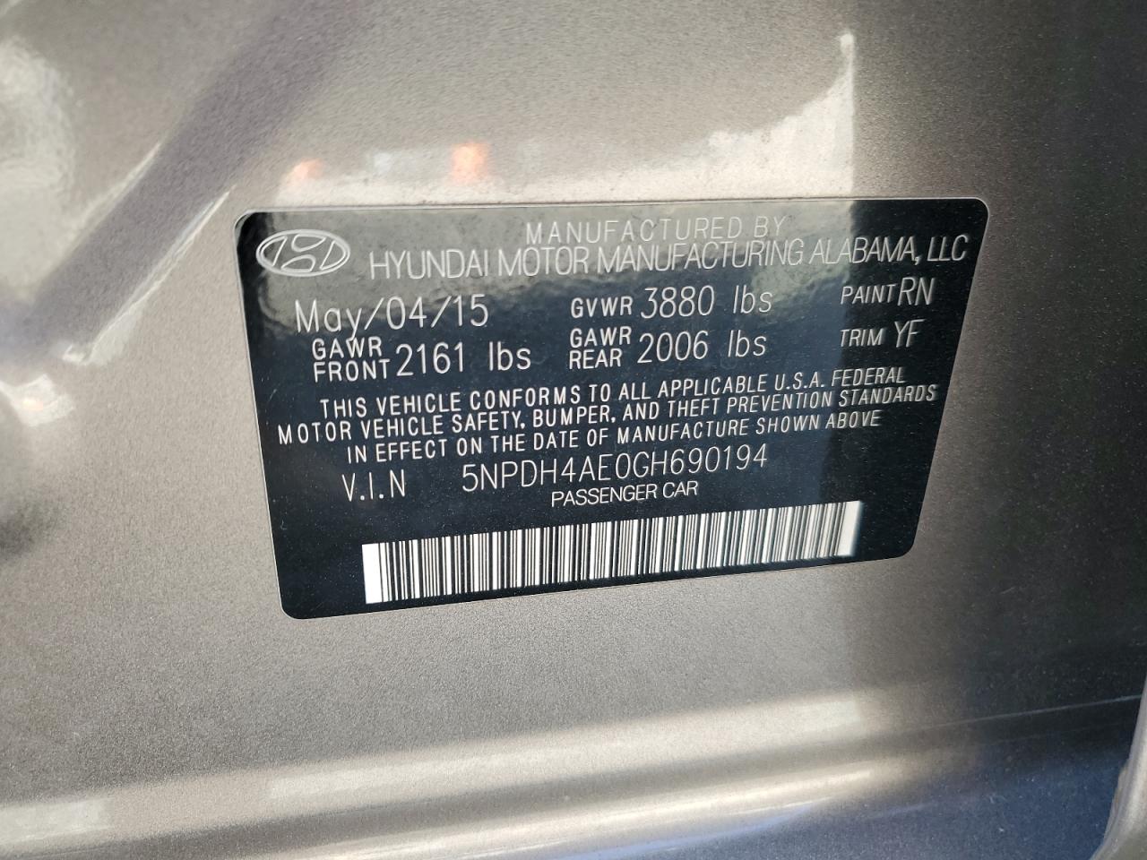 2016 Hyundai Elantra VIN 5NPDH4AE0GH690194 Copart auction photo, side / undercarriage damage thumbnail 12
