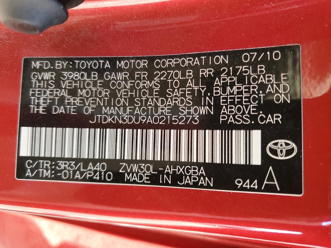2010 Toyota Prius VIN JTDKN3DU9A0215273 Copart auction photo, side / front end damage thumbnail 12