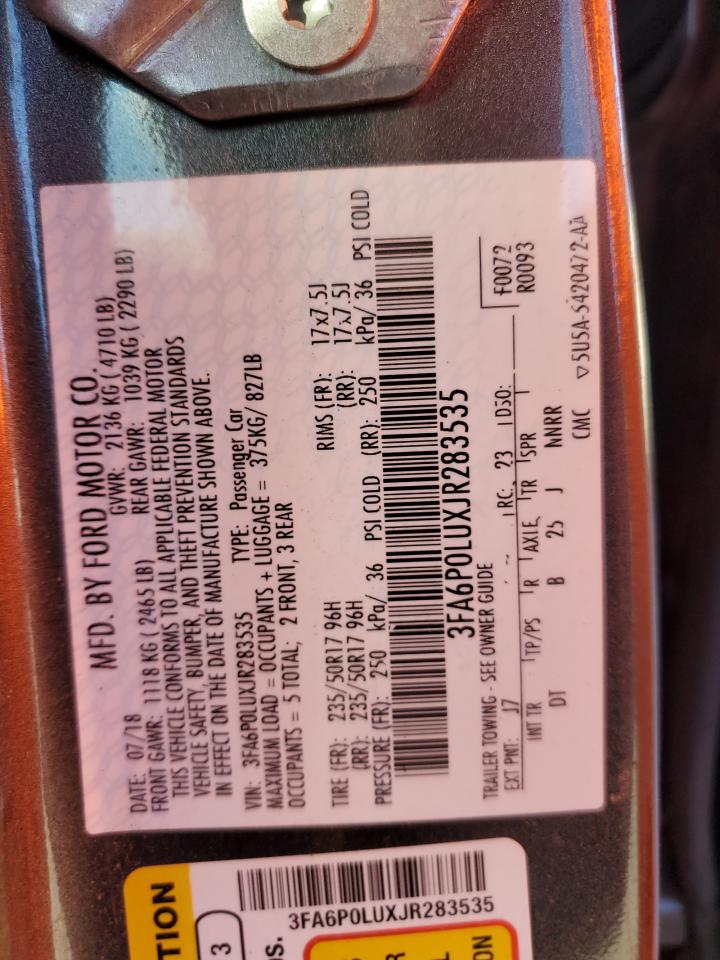 2018 Ford Fusion VIN 3FA6P0LUXJR283535 Copart auction photo, front end / side damage thumbnail 12