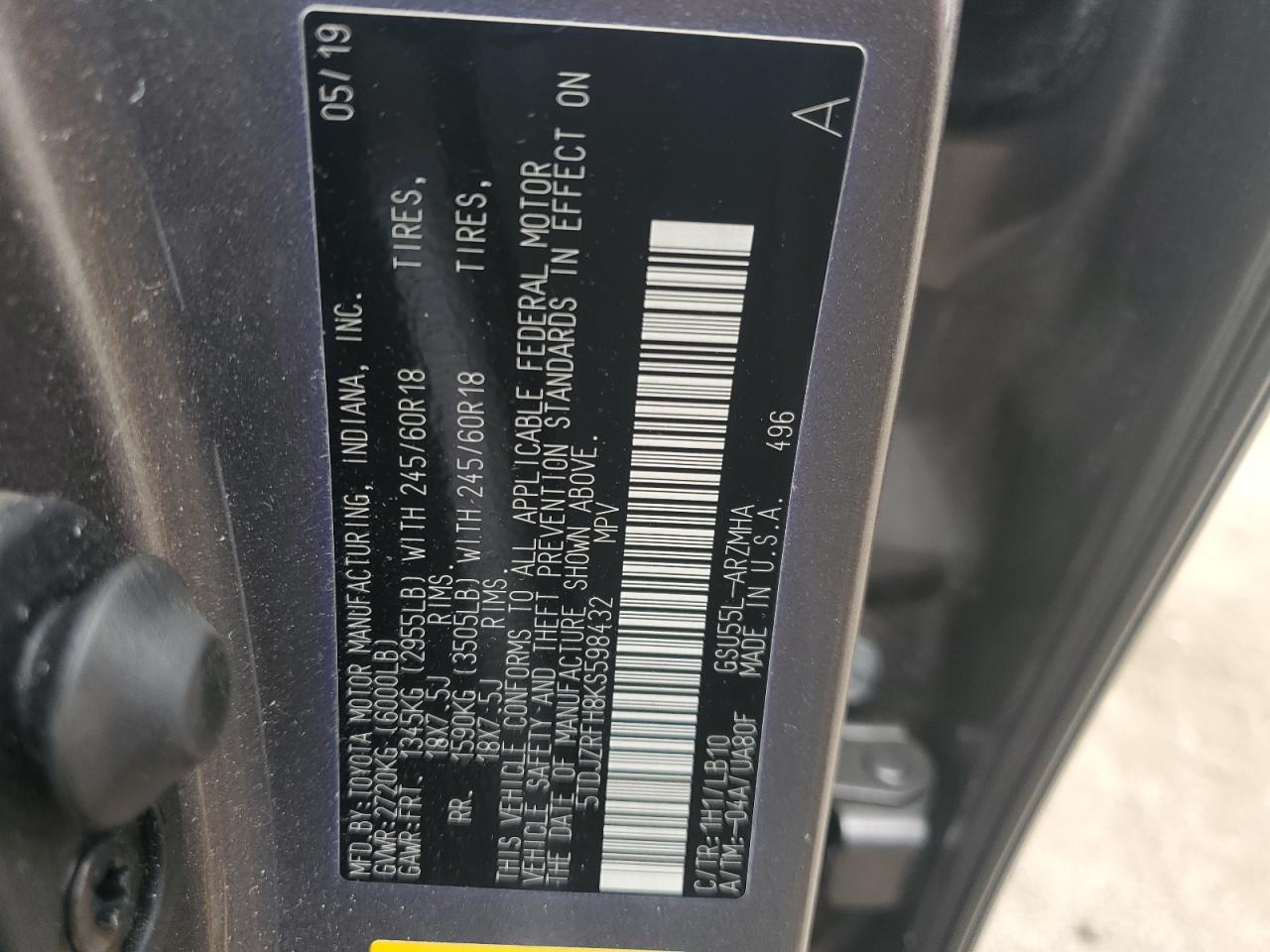 2019 Toyota Highlander VIN 5TDJZRFH8KS598432 Copart auction photo, front end / side damage thumbnail 13