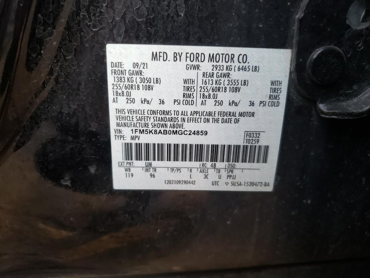 2021 Ford Explorer VIN 1FM5K8AB0MGC24859 Copart auction photo, front end / mechanical damage thumbnail 12