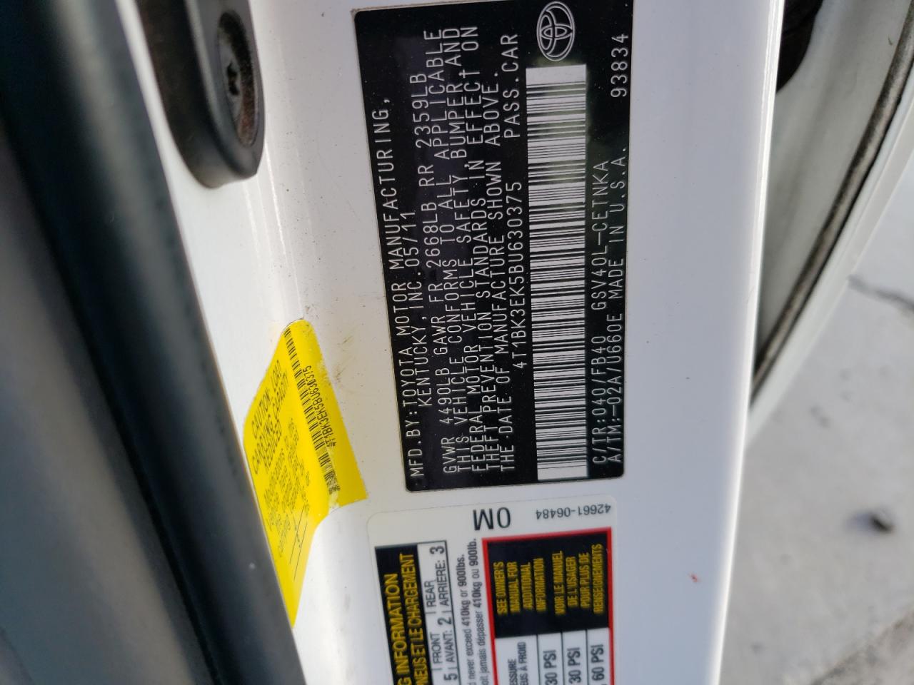 2011 Toyota Camry VIN 4T1BK3EK5BU630375 Copart auction photo, front end damage thumbnail 12