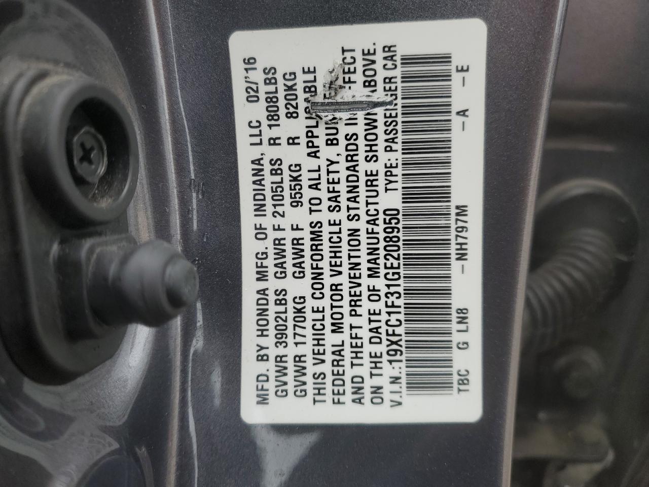 2016 Honda Civic VIN 19XFC1F31GE208950 Copart auction photo, rear end damage thumbnail 12