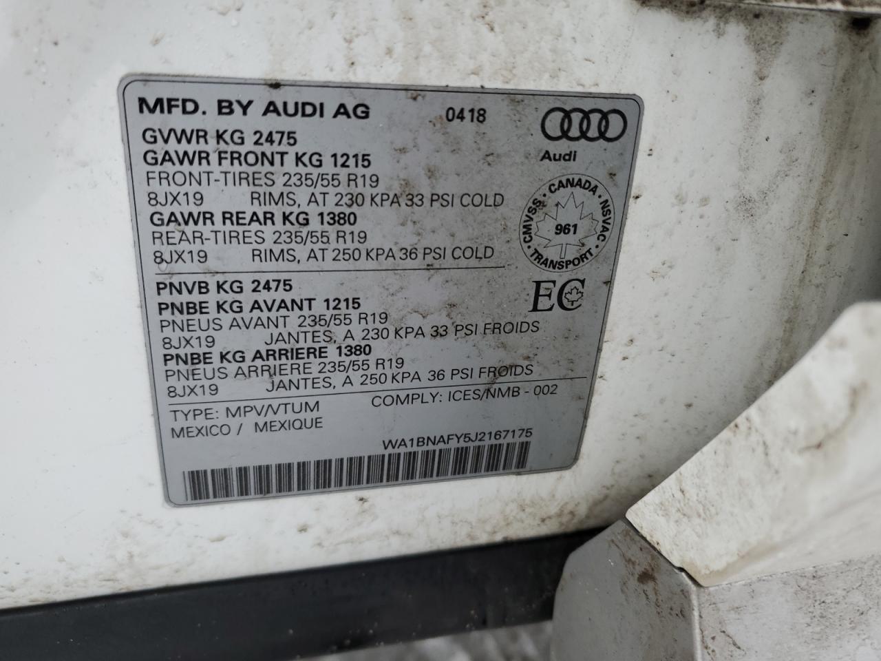 2018 Audi Q5 VIN WA1BNAFY5J2167175 Copart auction photo, rear end / side damage thumbnail 14
