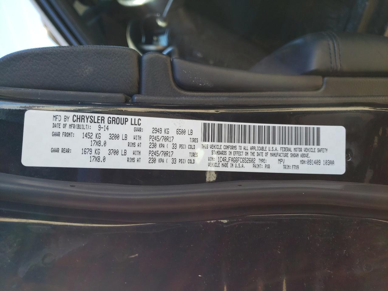 2015 Jeep Grand Cherokee VIN 1C4RJFAG6FC652602 Copart auction photo, front end / minor dent/scratches damage thumbnail 13