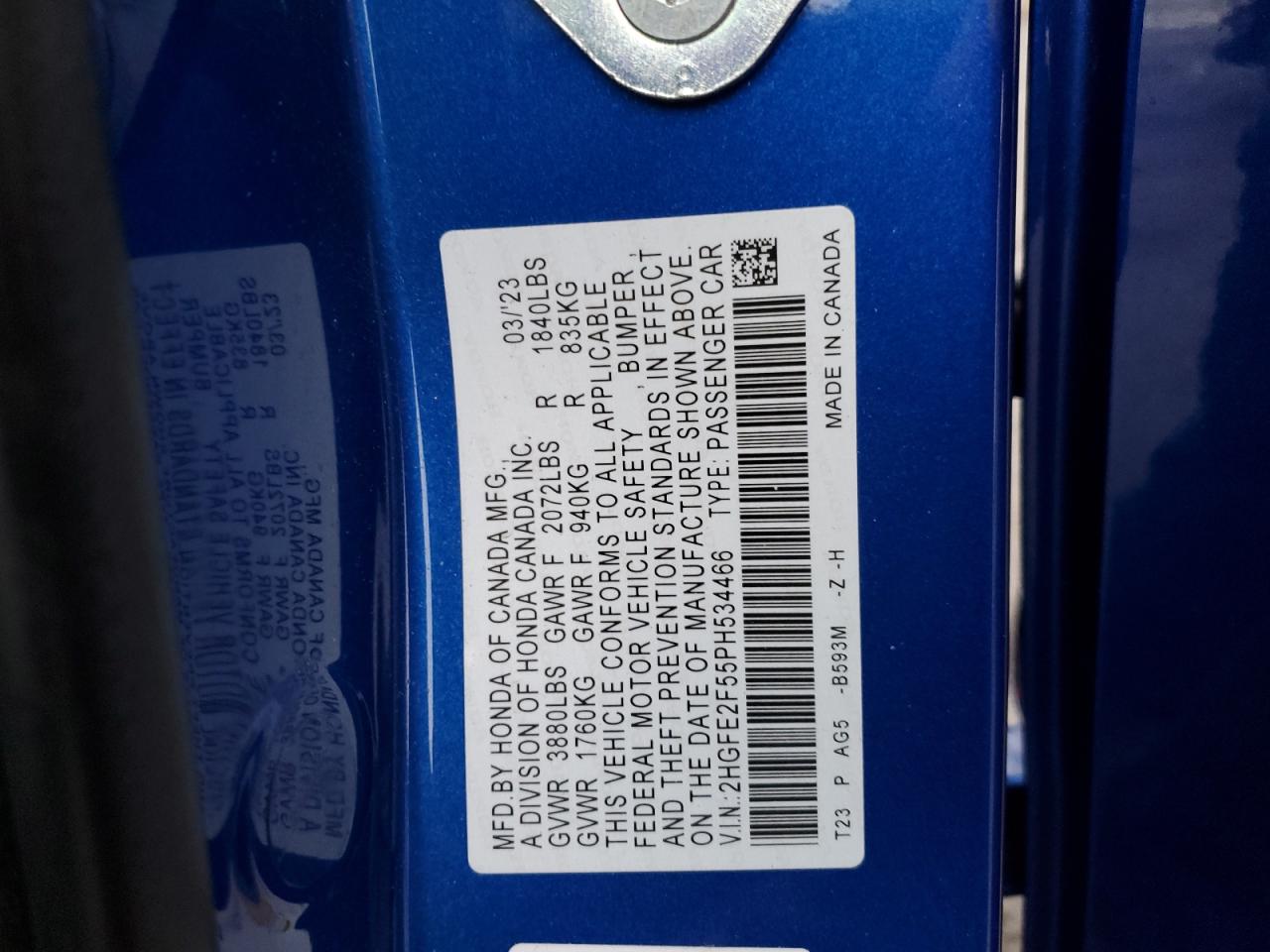 2023 Honda Civic VIN 2HGFE2F55PH534466 Copart auction photo, front end damage thumbnail 14