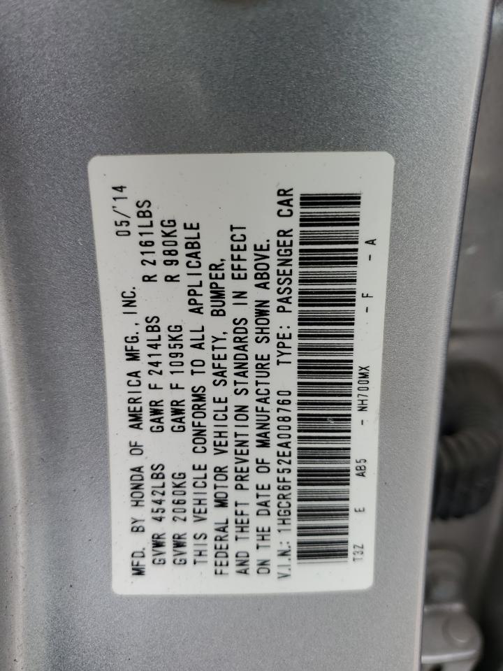 2014 Honda Accord VIN 1HGCR6F52EA008760 Copart auction photo, all over damage thumbnail 12