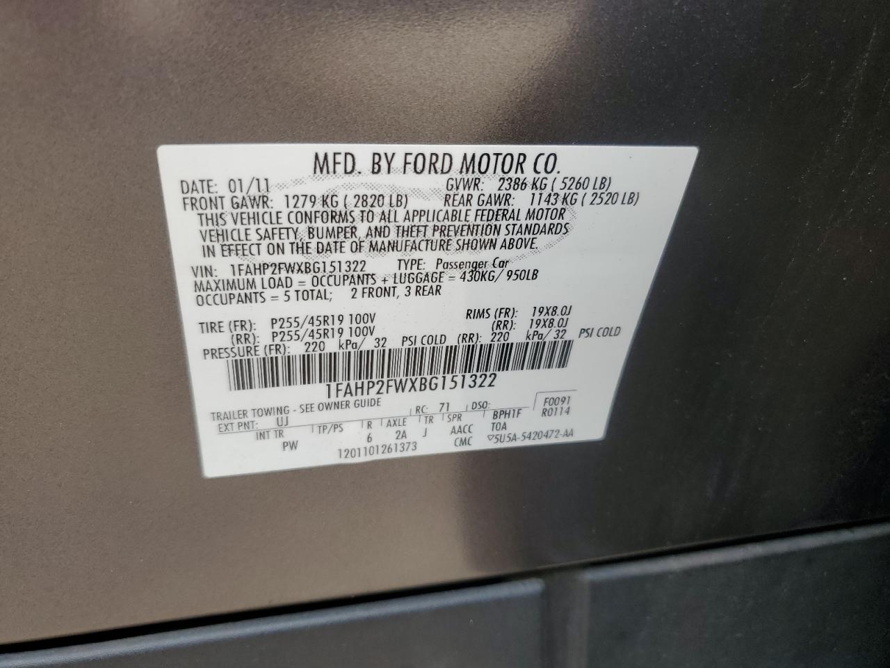 2011 Ford Taurus VIN 1FAHP2FWXBG151322 Copart auction photo, rear end damage thumbnail 12