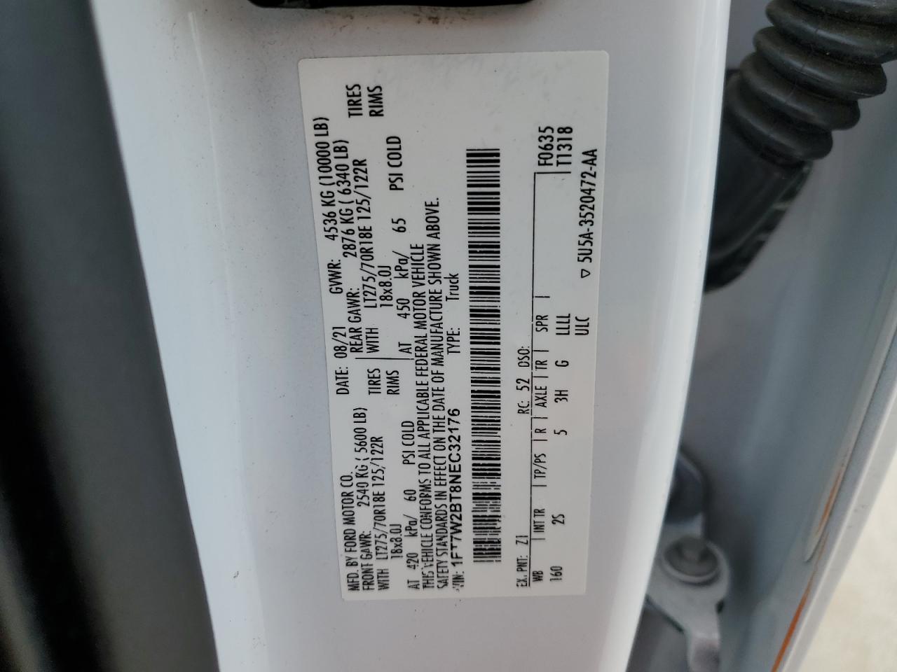 2022 Ford F250 VIN 1FT7W2BT8NEC32176 Copart auction photo, rear end / hail damage thumbnail 12