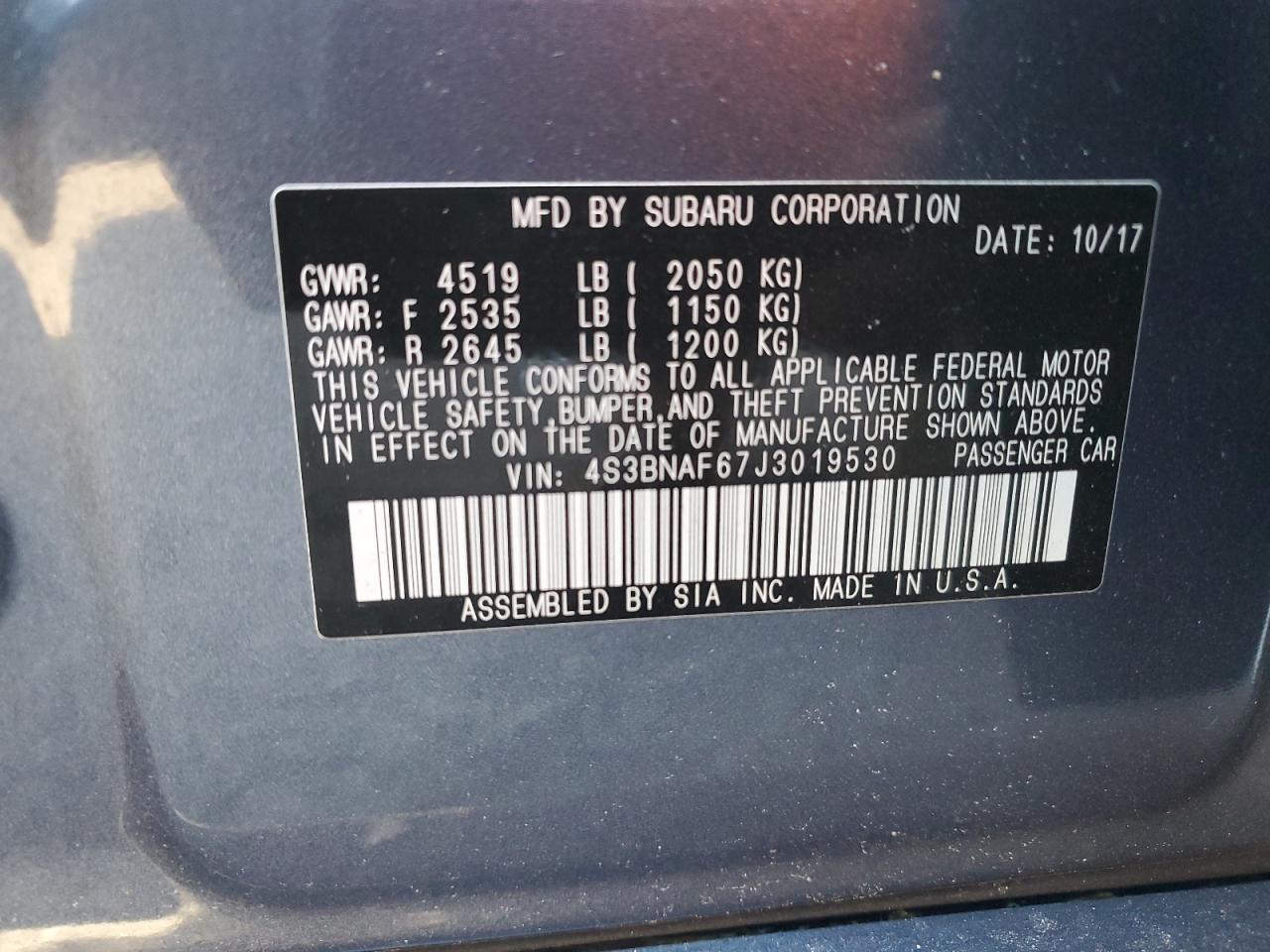 2018 Subaru Legacy VIN 4S3BNAF67J3019530 Copart auction photo, all over damage thumbnail 15