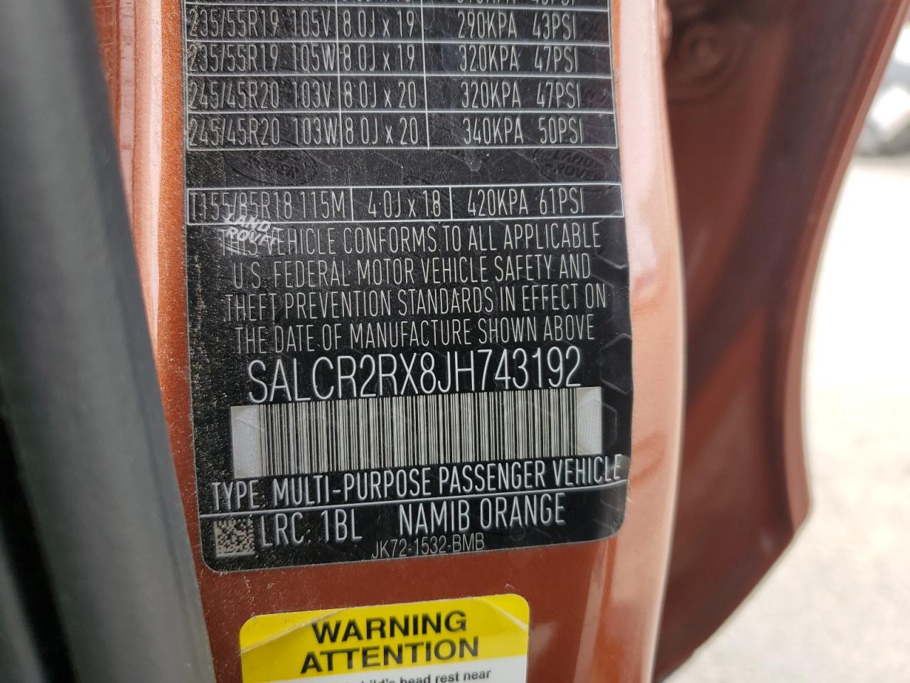 2018 Land Rover Discovery VIN SALCR2RX8JH743192 Copart auction photo, front end / mechanical damage thumbnail 14
