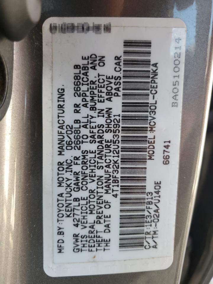 2002 Toyota Camry VIN 4T1BF32K12U535921 Copart auction photo, rear end damage thumbnail 12