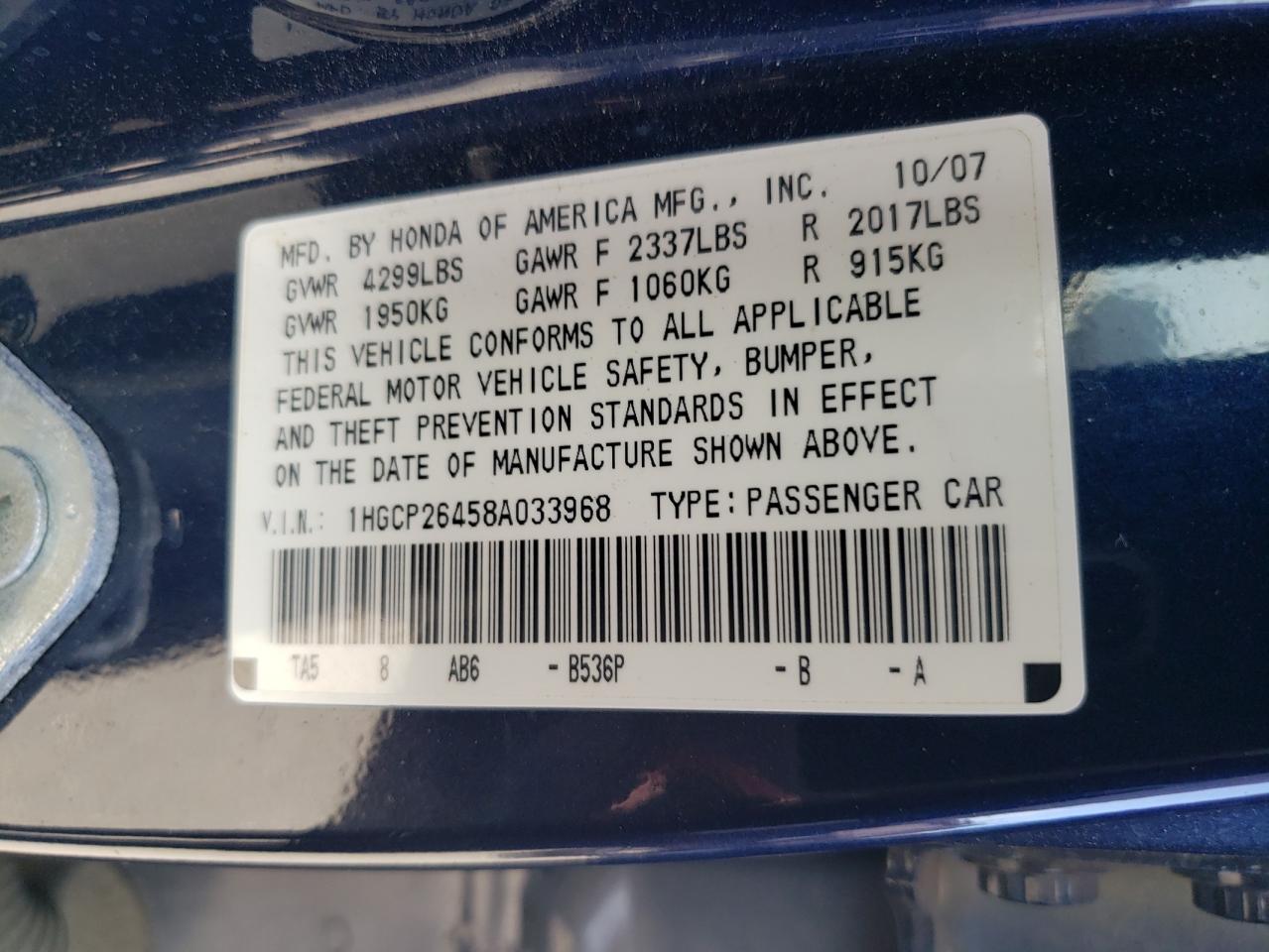 2008 Honda Accord VIN 1HGCP26458A033968 Copart auction photo, all over damage thumbnail 13