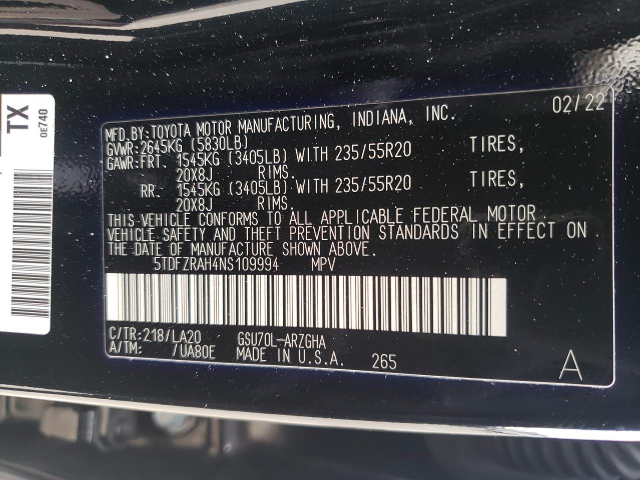 2022 Toyota Highlander VIN 5TDFZRAH4NS109994 Copart auction photo, front end / frame damage damage thumbnail 13