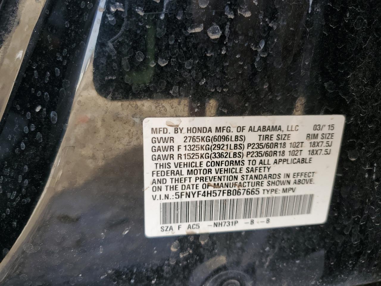 2015 Honda Pilot VIN 5FNYF4H57FB067665 Copart auction photo, rear end damage thumbnail 13