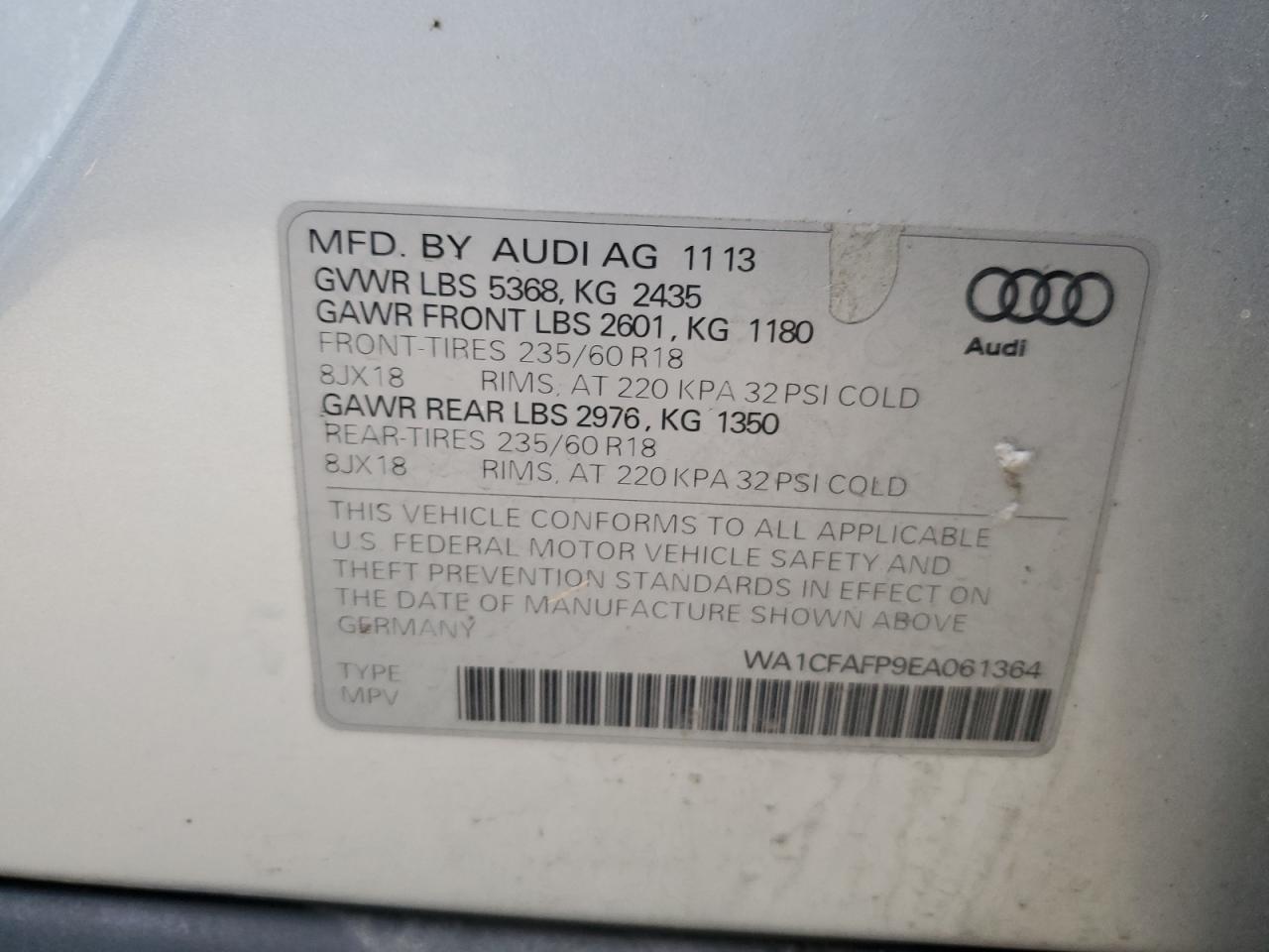 2014 Audi Q5 VIN WA1CFAFP9EA061364 Copart auction photo, front end damage thumbnail 13