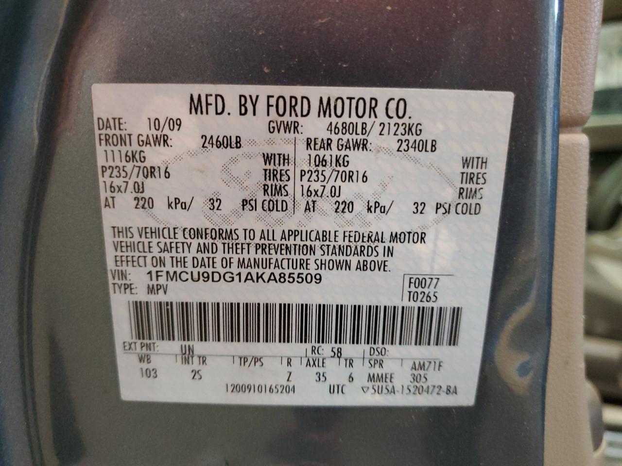 2010 Ford Escape VIN 1FMCU9DG1AKA85509 Copart auction photo, all over damage thumbnail 13