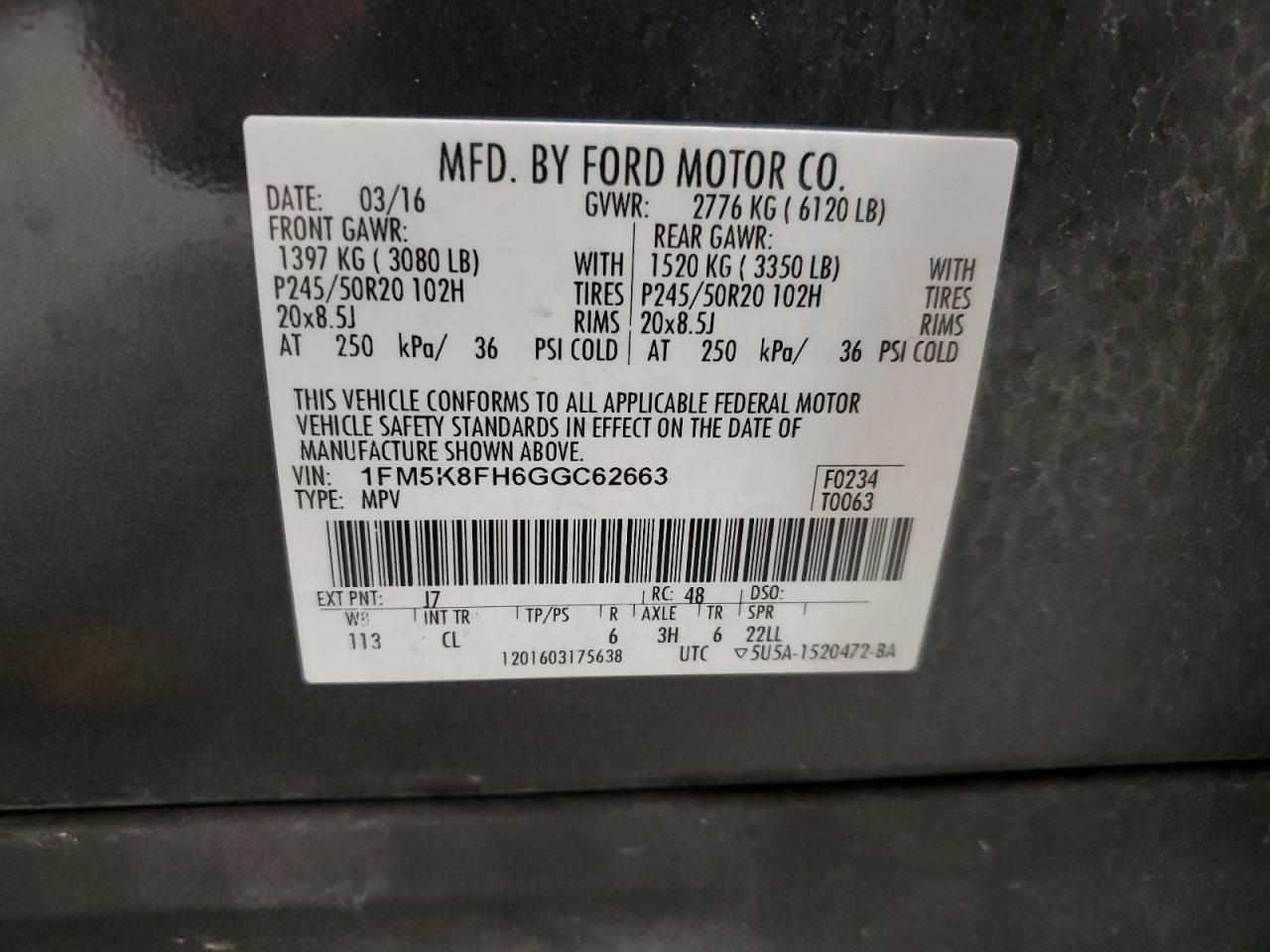 2016 Ford Explorer VIN 1FM5K8FH6GGC62663 Copart auction photo, mechanical damage thumbnail 13