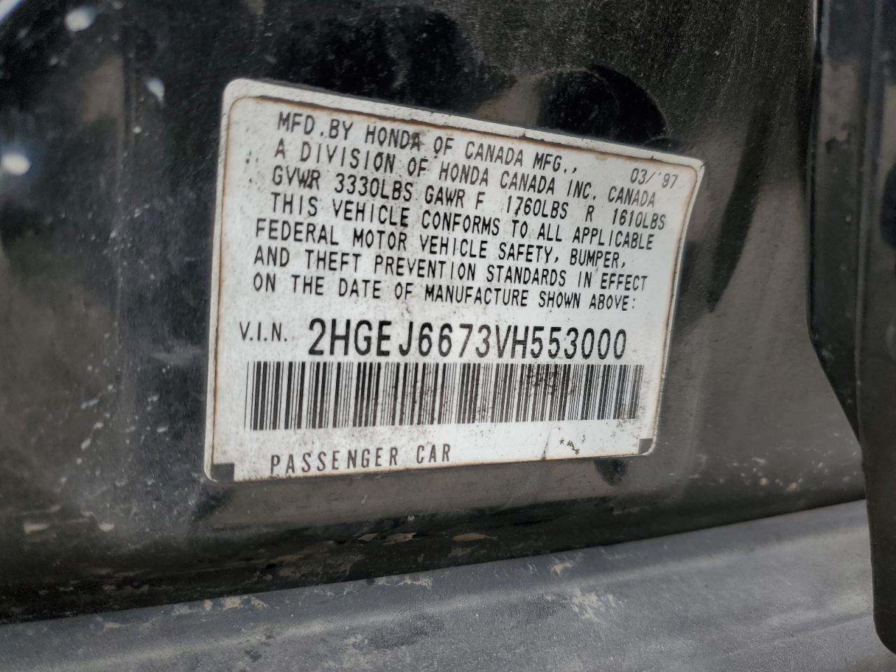 1997 Honda Civic VIN 2HGEJ6673VH553000 Copart auction photo, front end / minor dent/scratches damage thumbnail 13