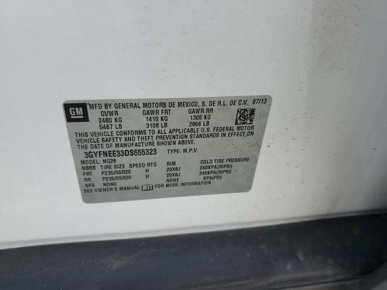 2013 Cadillac SRX VIN 3GYFNEE33DS655323 Copart auction photo, side / minor dent/scratches damage thumbnail 13