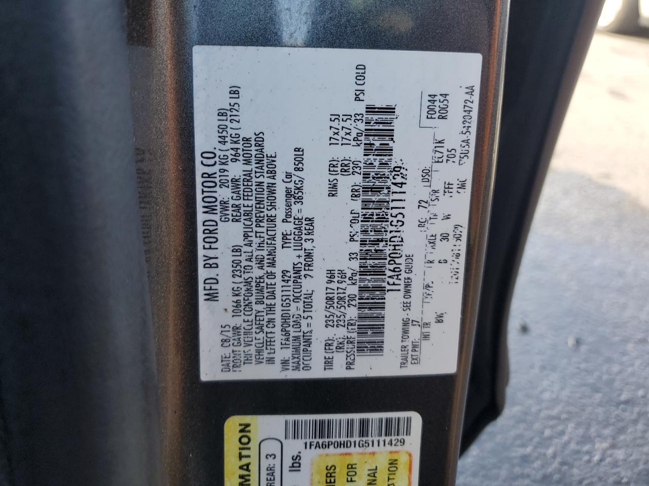 2016 Ford Fusion VIN 1FA6P0HD1G5111429 Copart auction photo, minor dent/scratches damage thumbnail 12