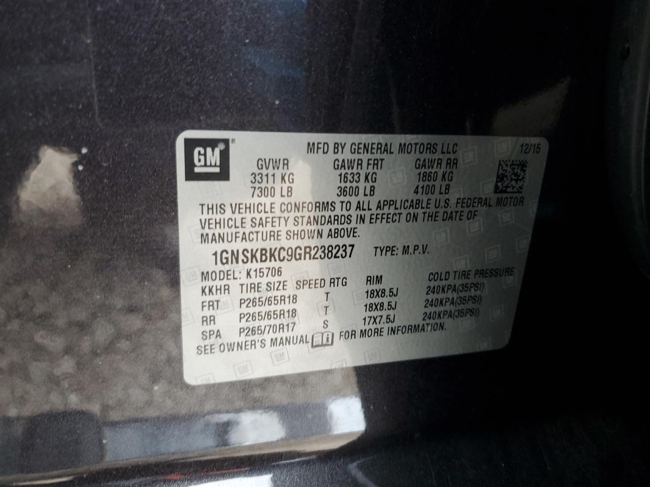 2016 Chevrolet Tahoe VIN 1GNSKBKC9GR238237 Copart auction photo, front end damage thumbnail 13