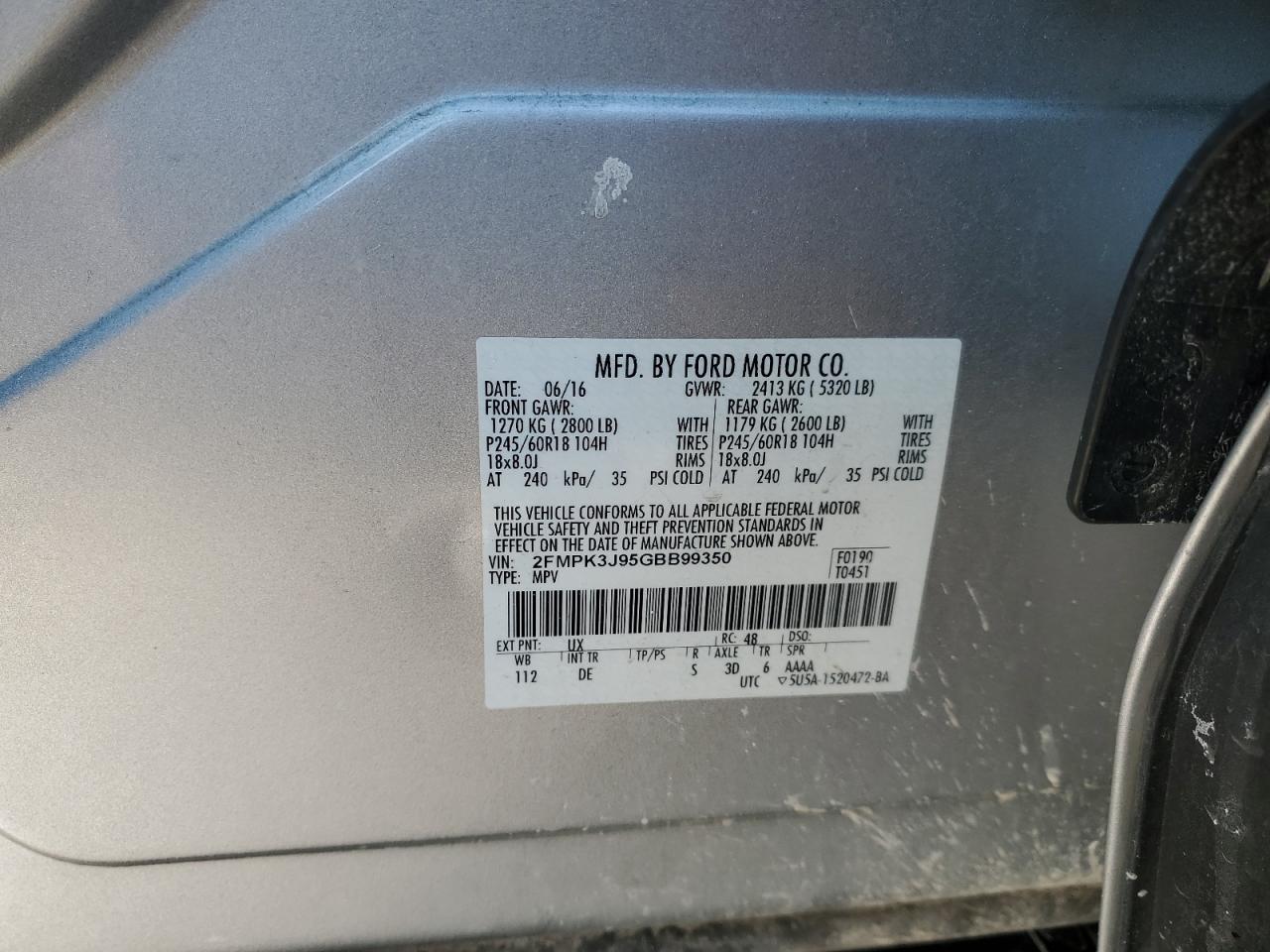 2016 Ford Edge VIN 2FMPK3J95GBB99350 Copart auction photo, front end damage thumbnail 13