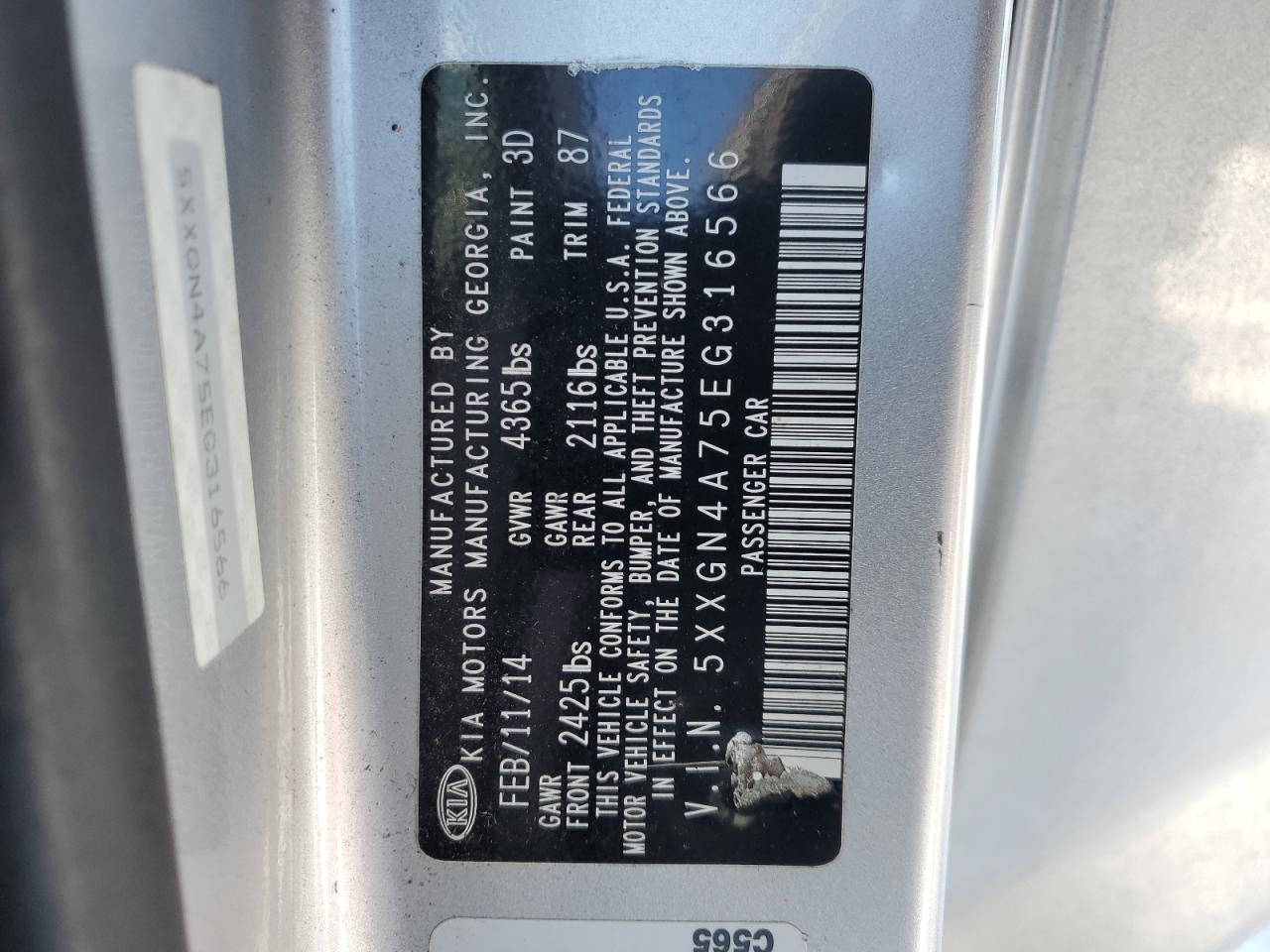 2014 KIA Optima VIN 5XXGN4A75EG316566 Copart auction photo, front end damage thumbnail 12