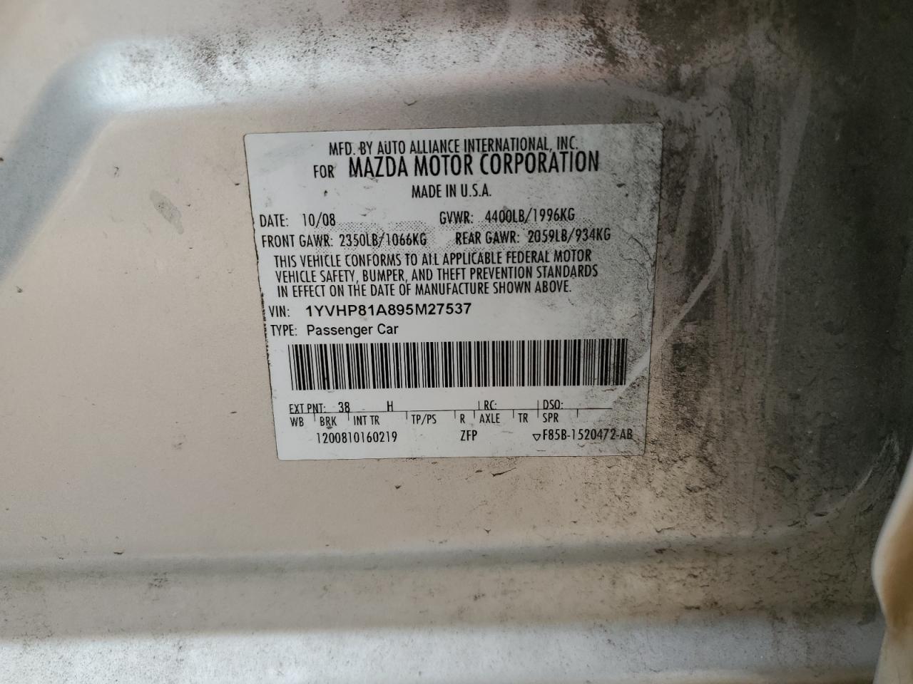 2009 Mazda 6 VIN 1YVHP81A895M27537 Copart auction photo, minor dent/scratches damage thumbnail 12