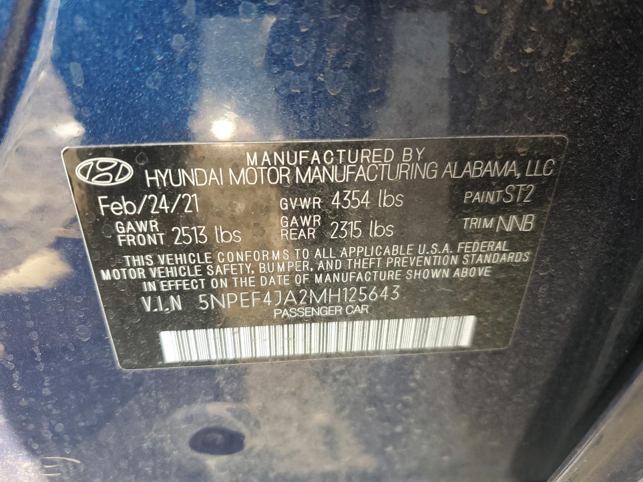 2021 Hyundai Sonata VIN 5NPEF4JA2MH125643 Copart auction photo, rollover / front end damage thumbnail 14