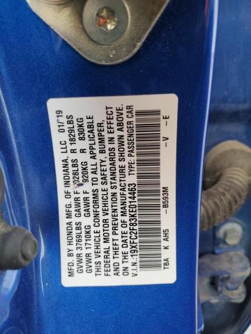 2019 Honda Civic VIN 19XFC2F83KE014463 Copart auction photo, all over damage thumbnail 12