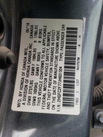 2018 Honda Civic VIN 2HGFC2F77JH601504 Copart auction photo, front end / rear end damage thumbnail 12