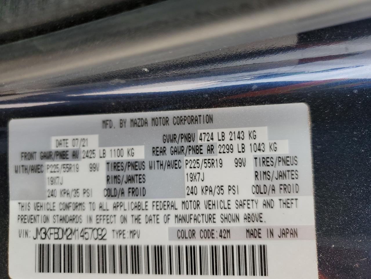 2021 Mazda CX-5 VIN JM3KFBDM2M1457092 Copart auction photo, hail damage thumbnail 13