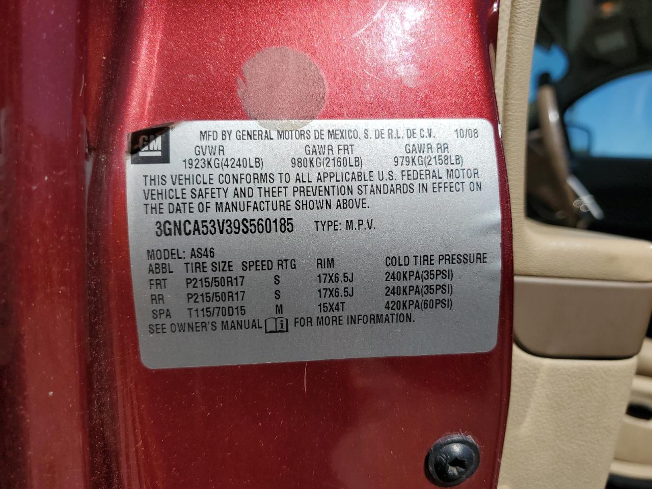 2009 Chevrolet HHR VIN 3GNCA53V39S560185 Copart auction photo, front end damage thumbnail 12