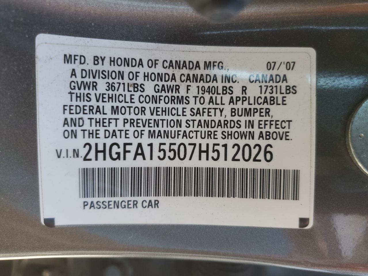 2007 Honda Civic VIN 2HGFA15507H512026 Copart auction photo, minor dent/scratches damage thumbnail 12