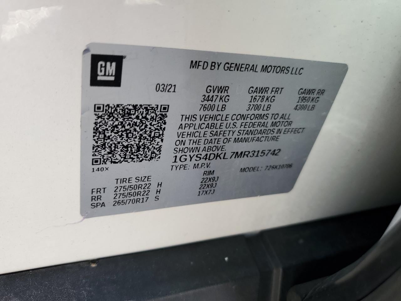 2021 Cadillac Escalade VIN 1GYS4DKL7MR315742 Copart auction photo, front end / side damage thumbnail 13