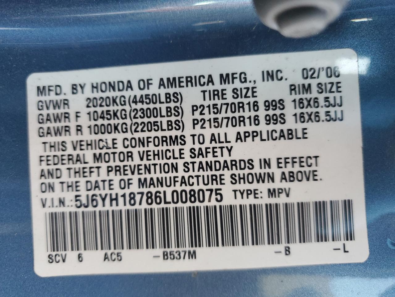 2006 Honda Element VIN 5J6YH18786L008075 Copart auction photo, side damage thumbnail 13