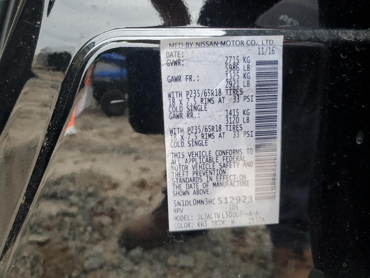 2017 Infiniti QX60 VIN 5N1DL0MN3HC512923 Copart auction photo, front end / all over damage thumbnail 13