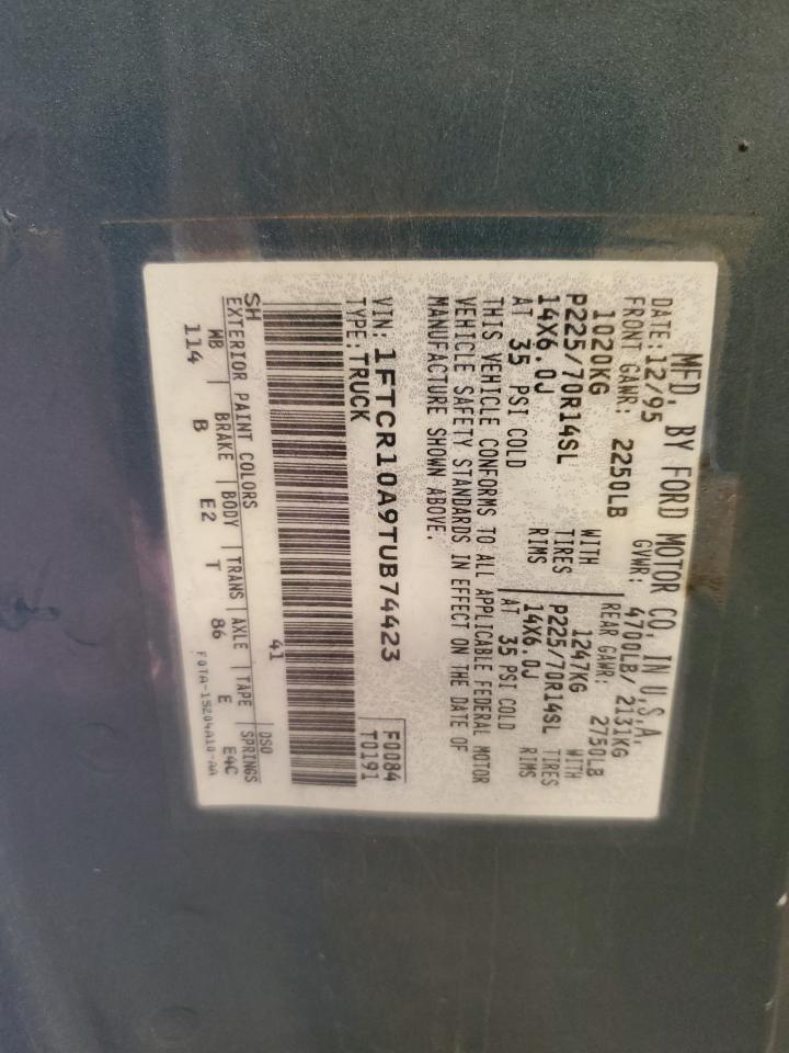 1996 Ford Ranger VIN 1FTCR10A9TUB74423 Copart auction photo, front end damage thumbnail 14