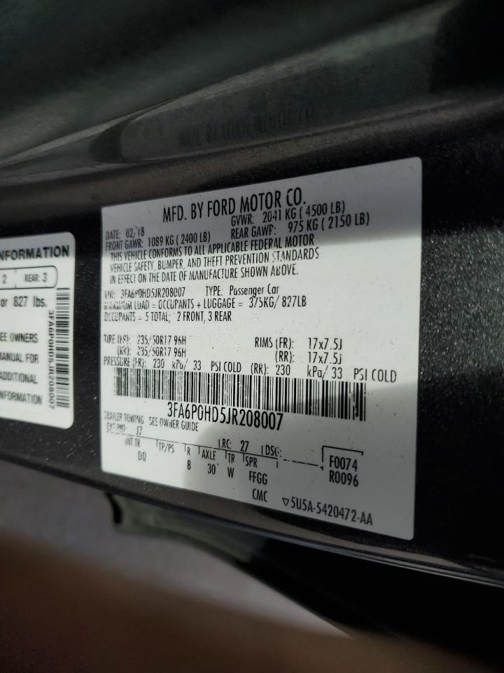 2018 Ford Fusion VIN 3FA6P0HD5JR208007 Copart auction photo, front end damage thumbnail 14