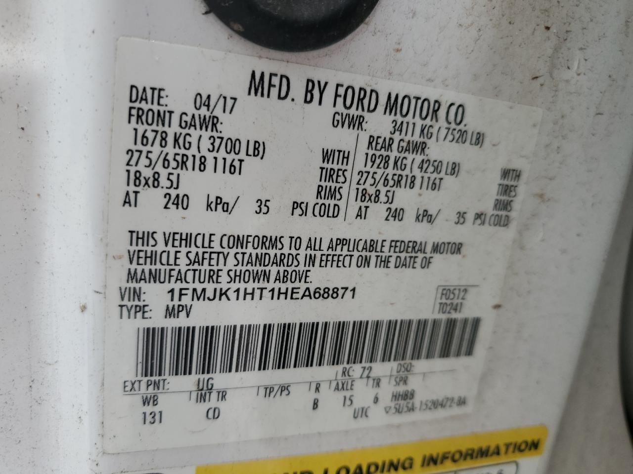 2017 Ford Expedition VIN 1FMJK1HT1HEA68871 Copart auction photo, front end / minor dent/scratches damage thumbnail 15