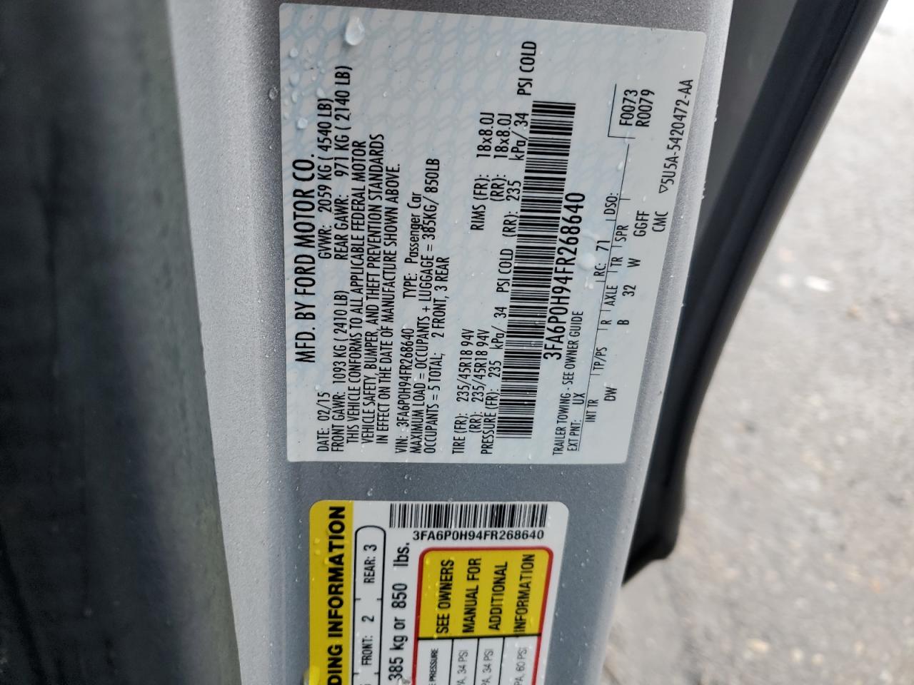 2015 Ford Fusion VIN 3FA6P0H94FR268640 Copart auction photo, front end damage thumbnail 12