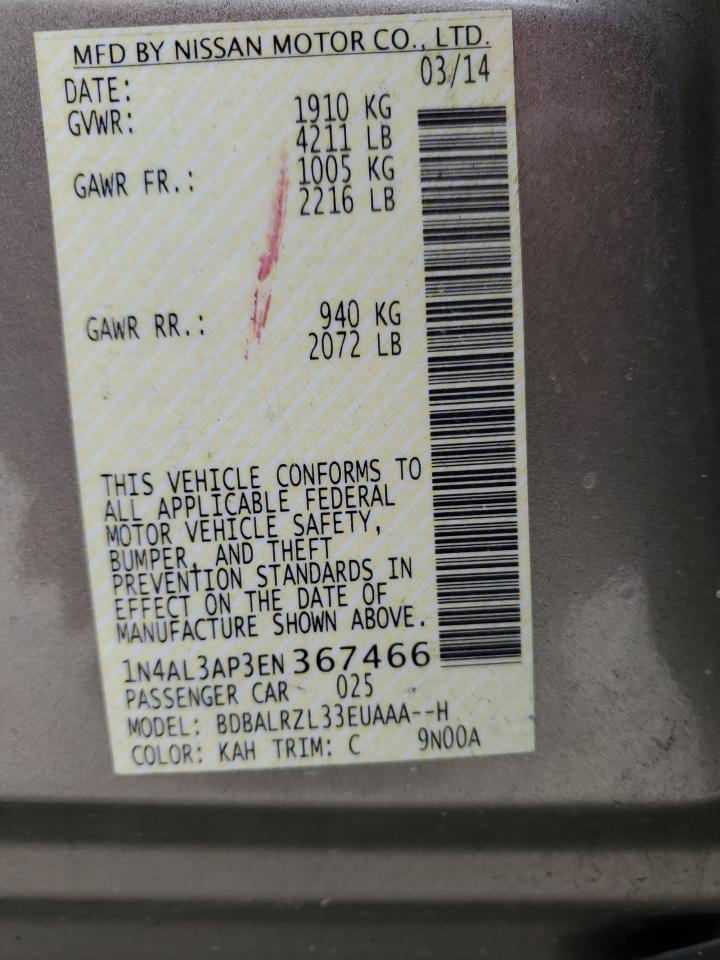 2014 Nissan Altima VIN 1N4AL3AP3EN367466 Copart auction photo, side / hail damage thumbnail 12
