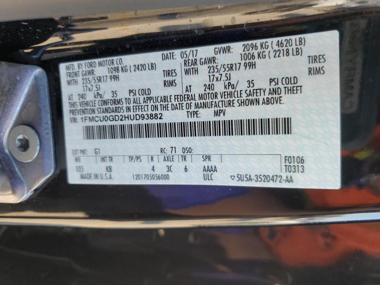 2017 Ford Escape VIN 1FMCU0GD2HUD93882 Copart auction photo, mechanical damage thumbnail 13
