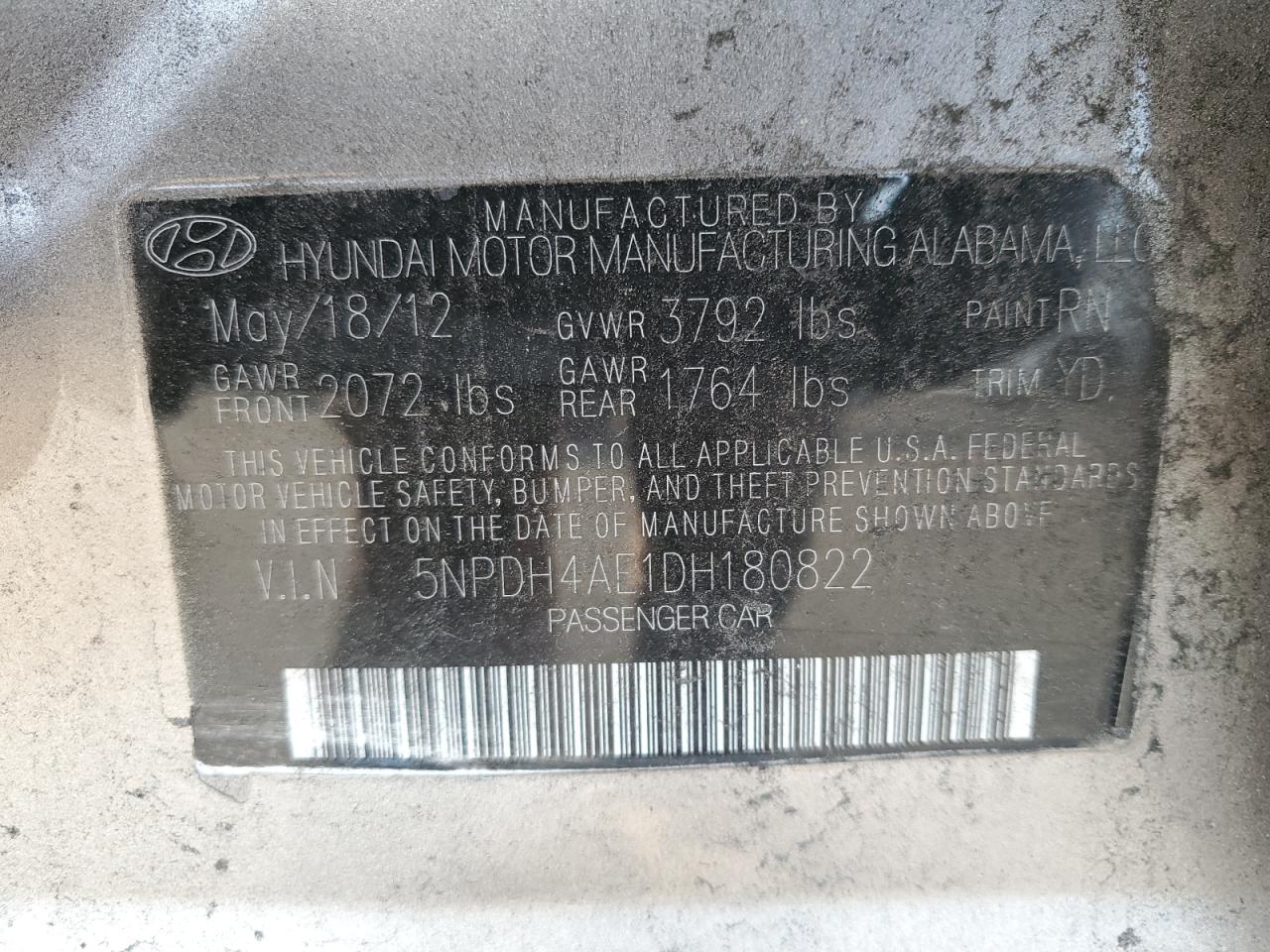 2013 Hyundai Elantra VIN 5NPDH4AE1DH180822 Copart auction photo, front end / rear end damage thumbnail 13